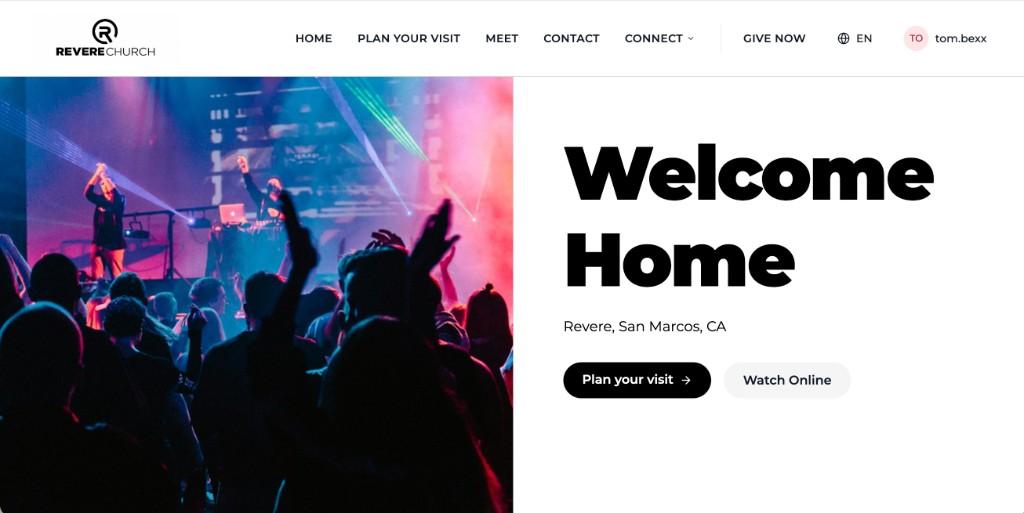 Life church website template, with a split photo and welcome message