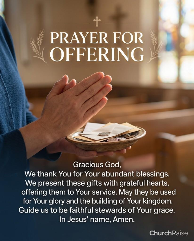 Prayer for offering graphic showing hands in prayer with offering plate inside a church