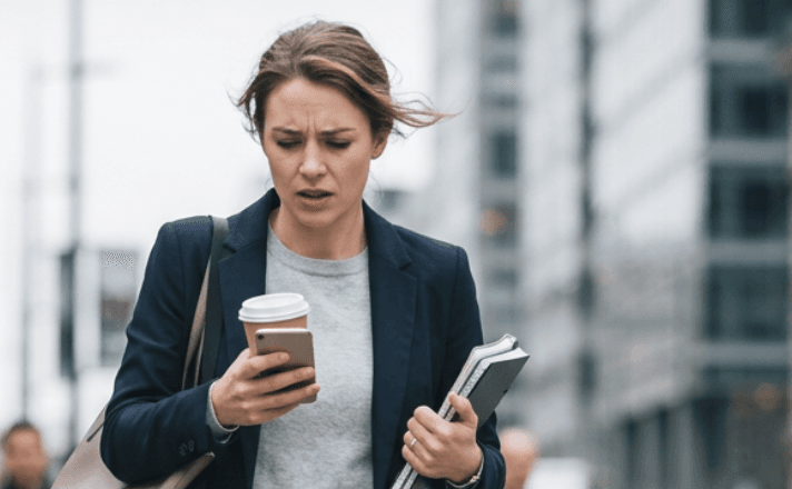 Busy professional checking a short devotional on their phone while walking with coffee
