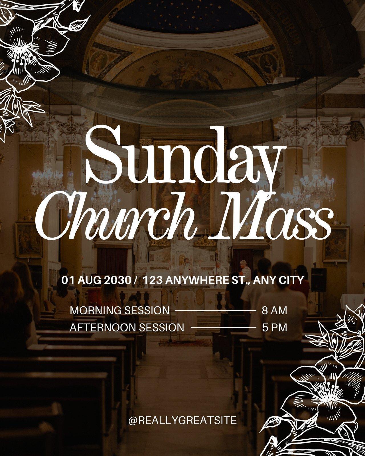 Vertical Sunday church service announcement graphic template with service times, location, and welcoming typography