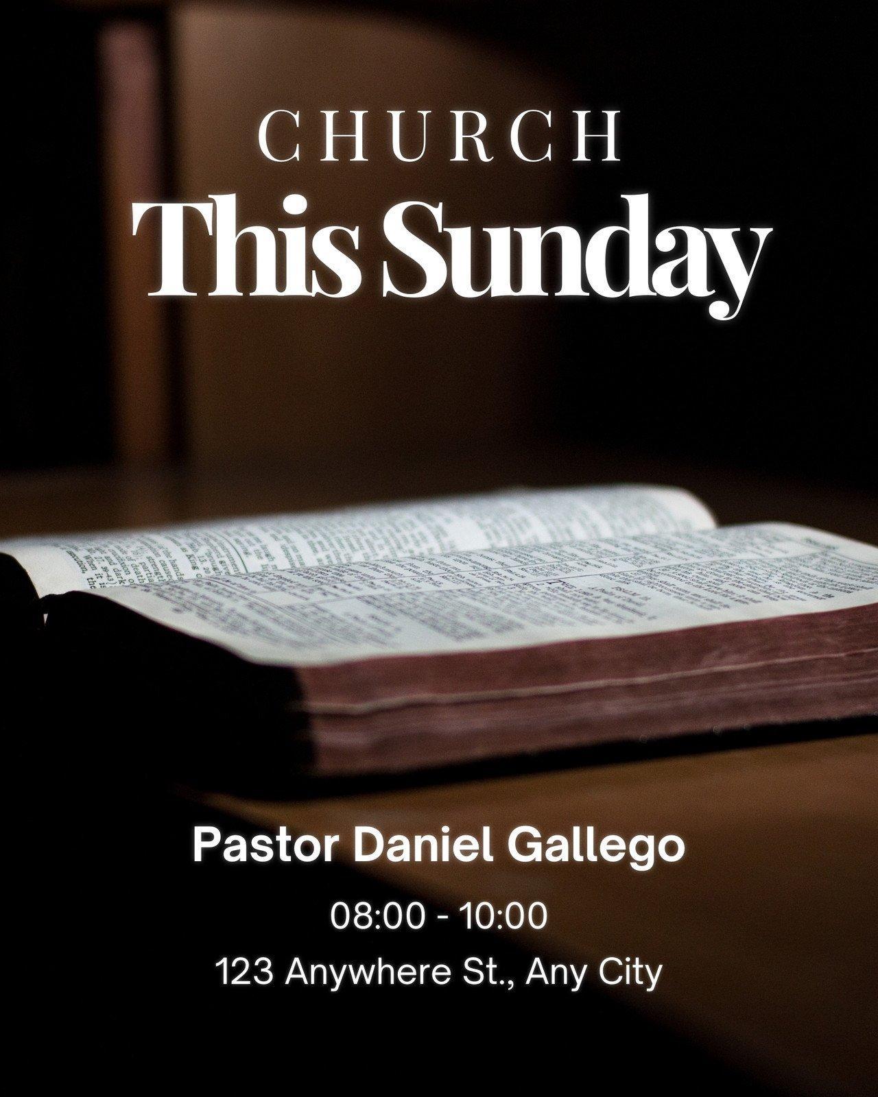 Sunday worship social graphic with Bible background, service time, and invitation text for Instagram or Facebook