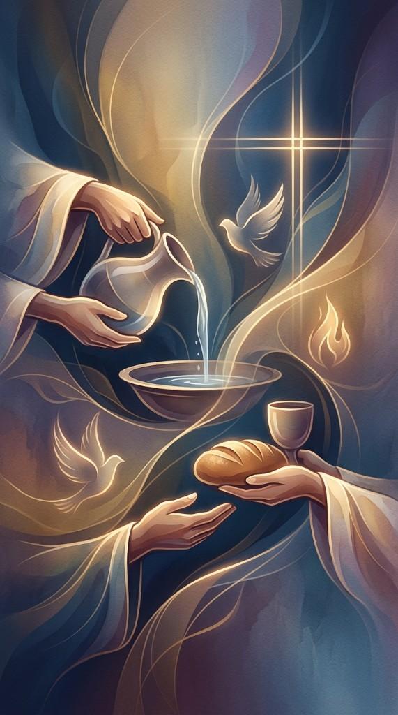 Christian serve wallpaper with communion and baptism imagery