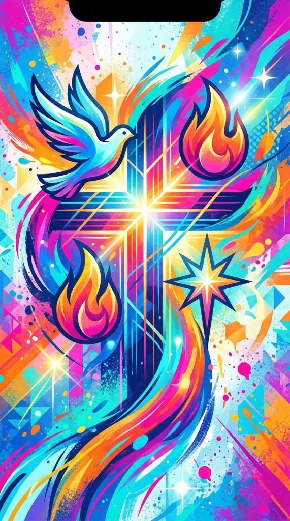 Vibrant abstract Christian youth phone wallpaper with glowing cross