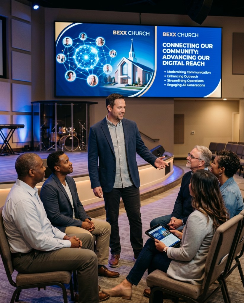 Church board members reviewing a digital technology presentation about modernizing communication and outreach
