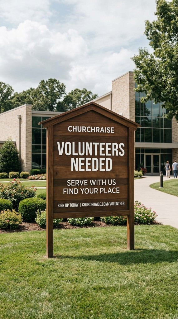 Church volunteer recruitment sign outside a modern church building encouraging people to serve and find their place