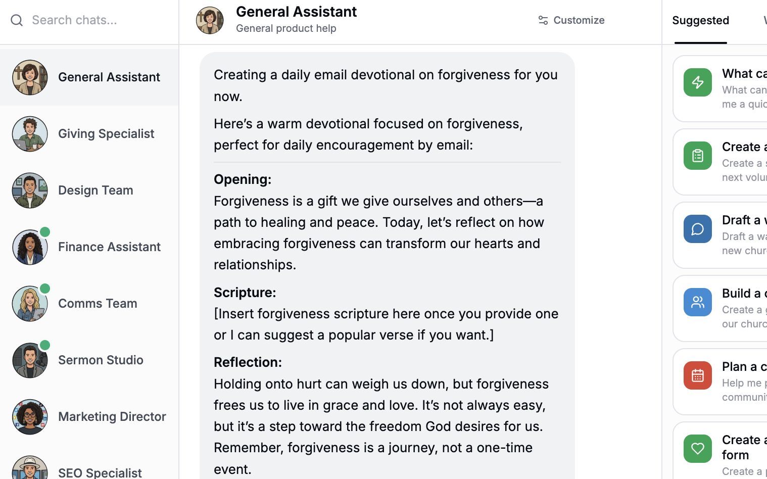 ChurchRaise AI assistant generating a daily email devotional on forgiveness for a church leader