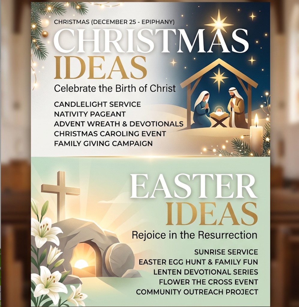Christmas and Easter church service ideas with nativity scene and empty tomb illustrations