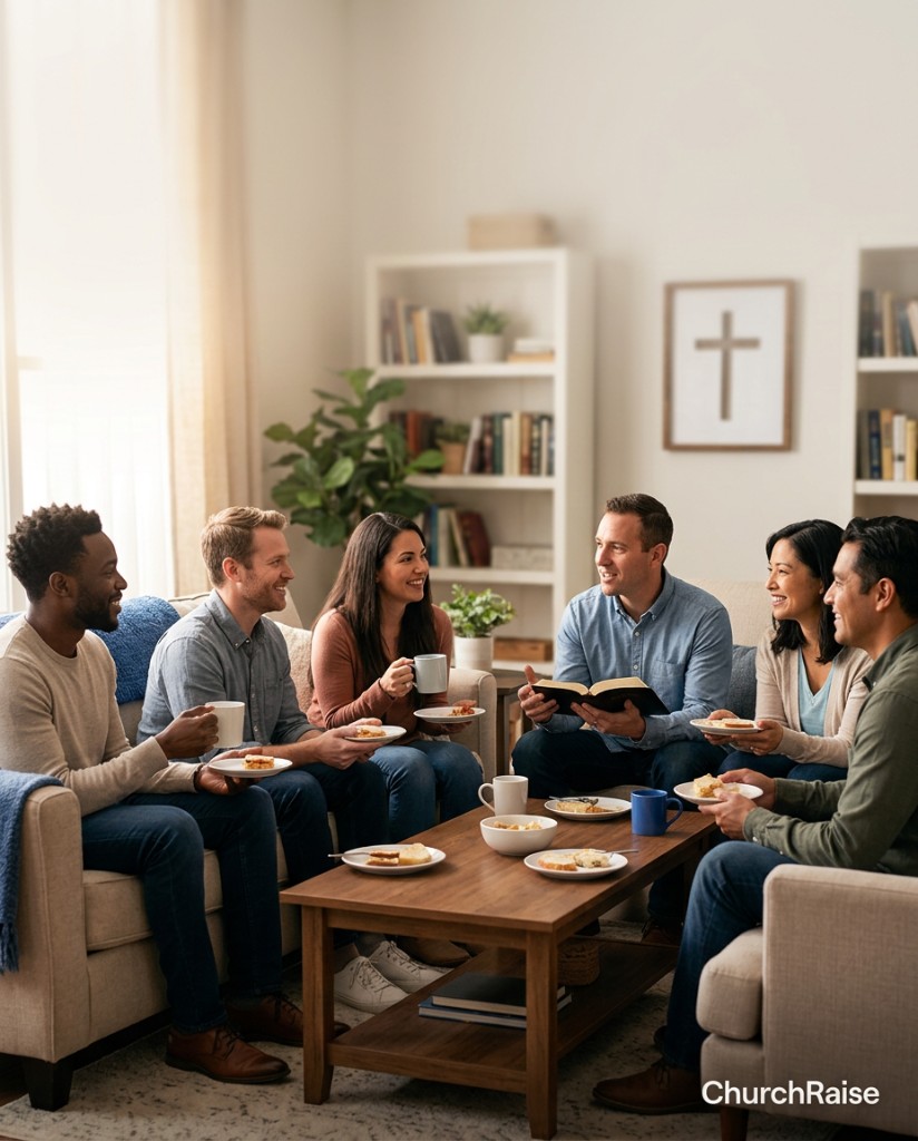 Diverse small group studying the Bible together in a living room with coffee and snacks
