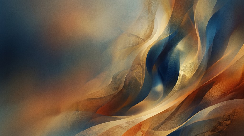 Abstract flowing silk fabric in deep blue and warm copper tones — elegant worship slide background