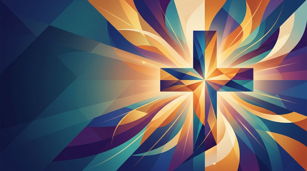 Vibrant abstract geometric cross with radiating blue, orange, and purple rays