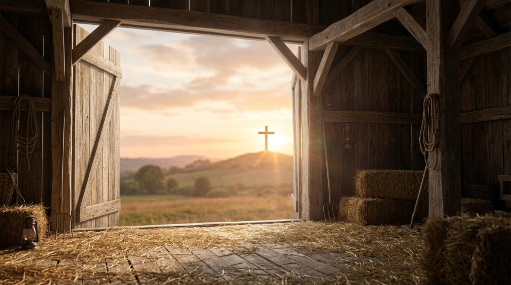 Rustic barn door framing a cross on a hillside at golden hour with warm sunrise light