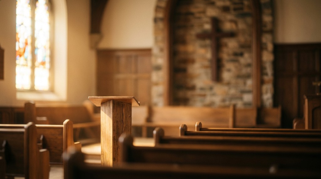 Warm wooden church pews with stained glass window and cross in soft morning light