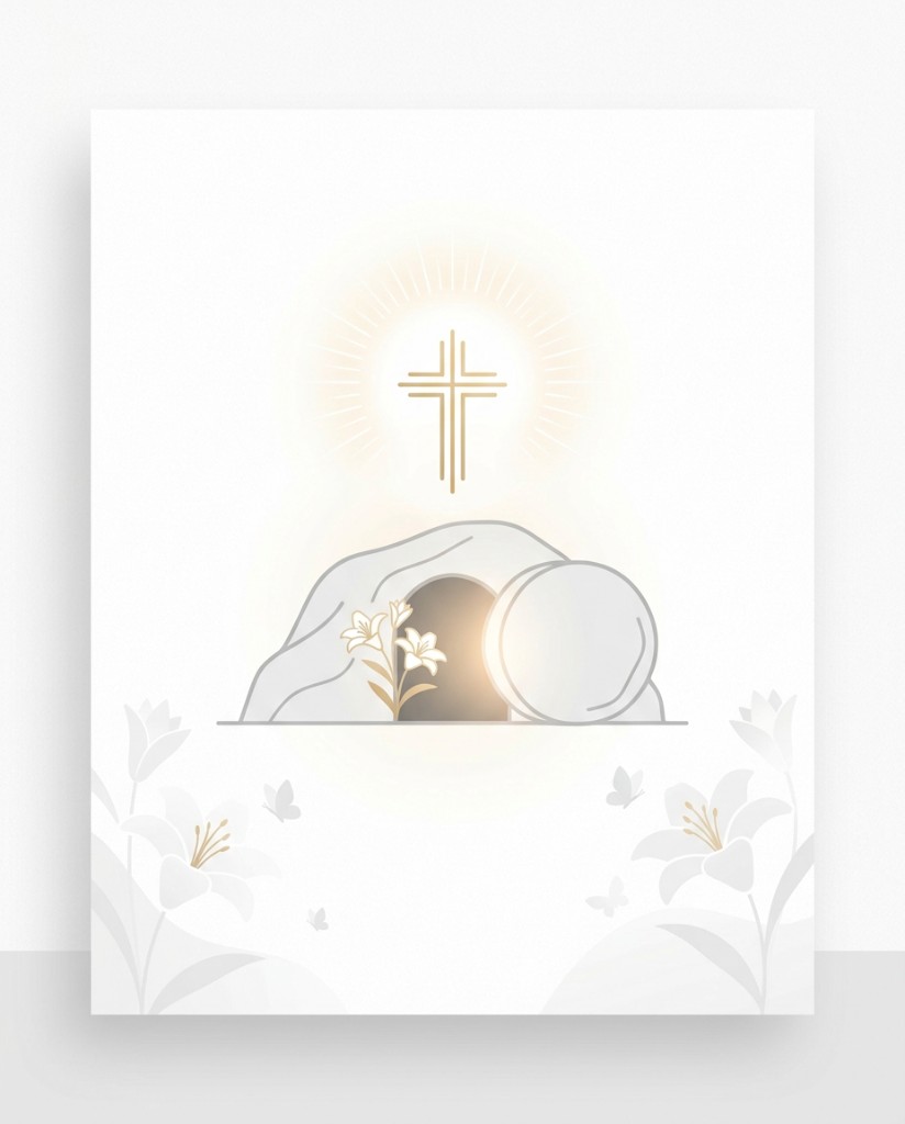 Minimalist Easter empty tomb illustration with glowing cross, rolled stone, and lilies