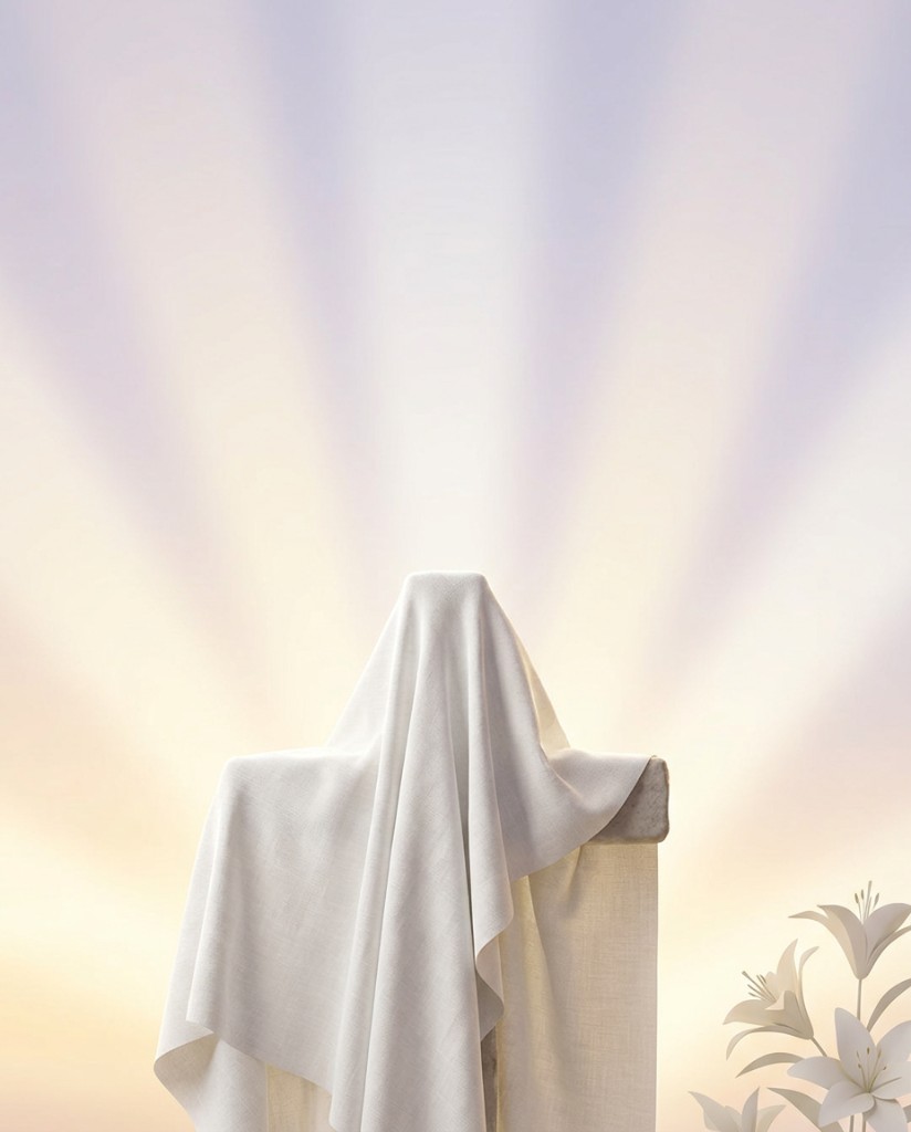 Easter resurrection background with white cloth draped over cross and lilies in soft light