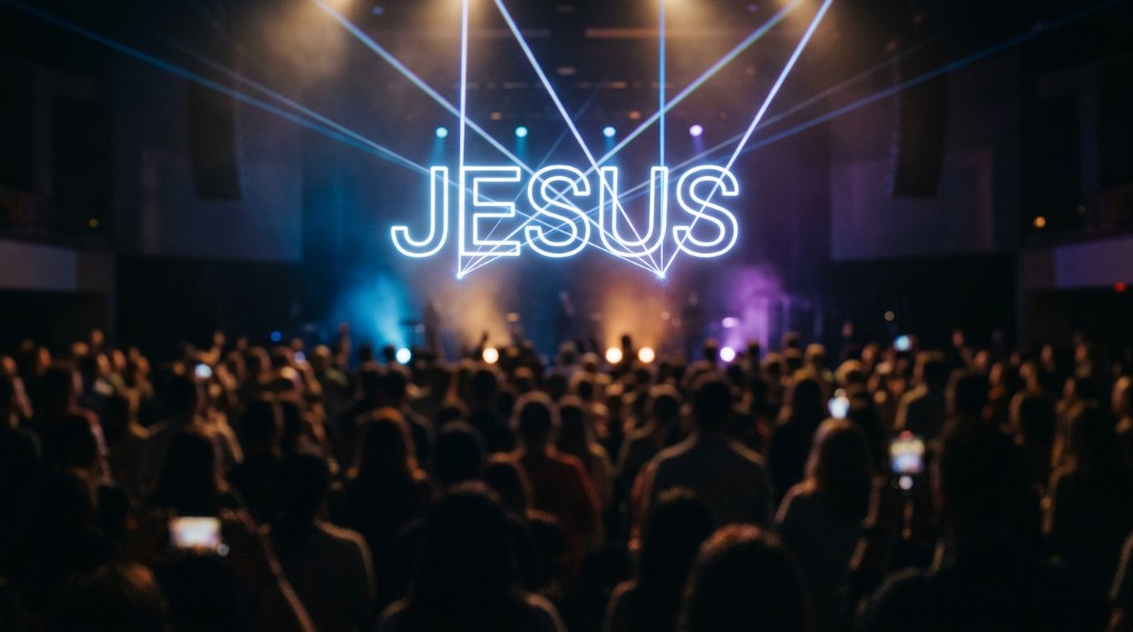 Jesus neon sign with laser beams above a worship concert crowd in a dark auditorium