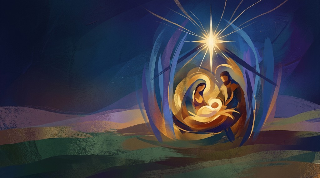 Abstract modern art nativity scene with swirling brushstrokes and radiant star — Christmas worship slide