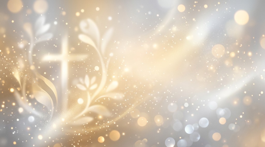 Soft gold and silver bokeh with glowing cross and delicate floral accents — worship slide background